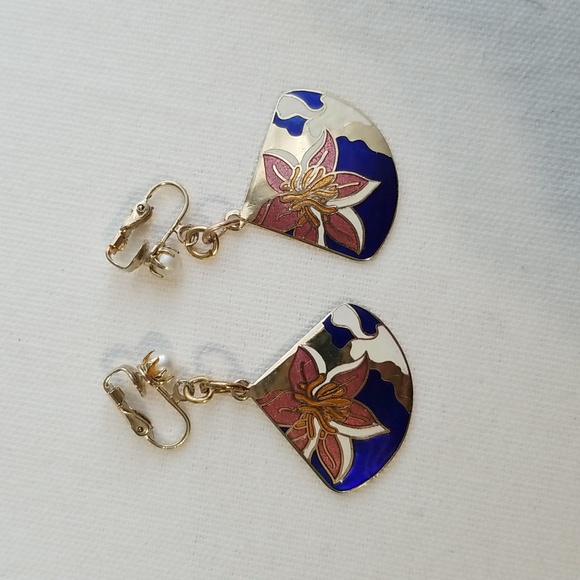 Vintage Clip On Goldtone Cloisonne Earrings - Picture 1 of 3